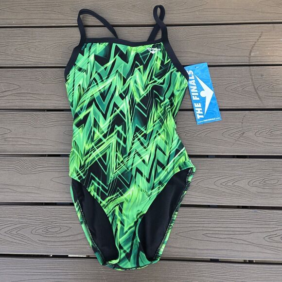TYR The Finals Youth Girls Onyx 1pc Swimsuit Butterfly Back Green - Size 26 New - Picture 1 of 3